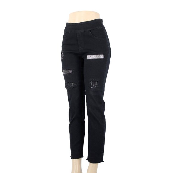 Denim - Ethyl Clothing Sz 8 x 28 Black Rhinestones High Rise Distressed Cotton Poly Jean